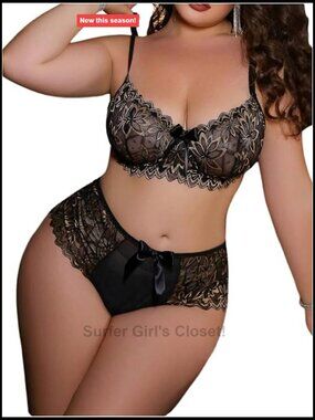 Women's Plus Size Sexy Lace 2 Piece Underwire Bra and Panty Set Lingerie